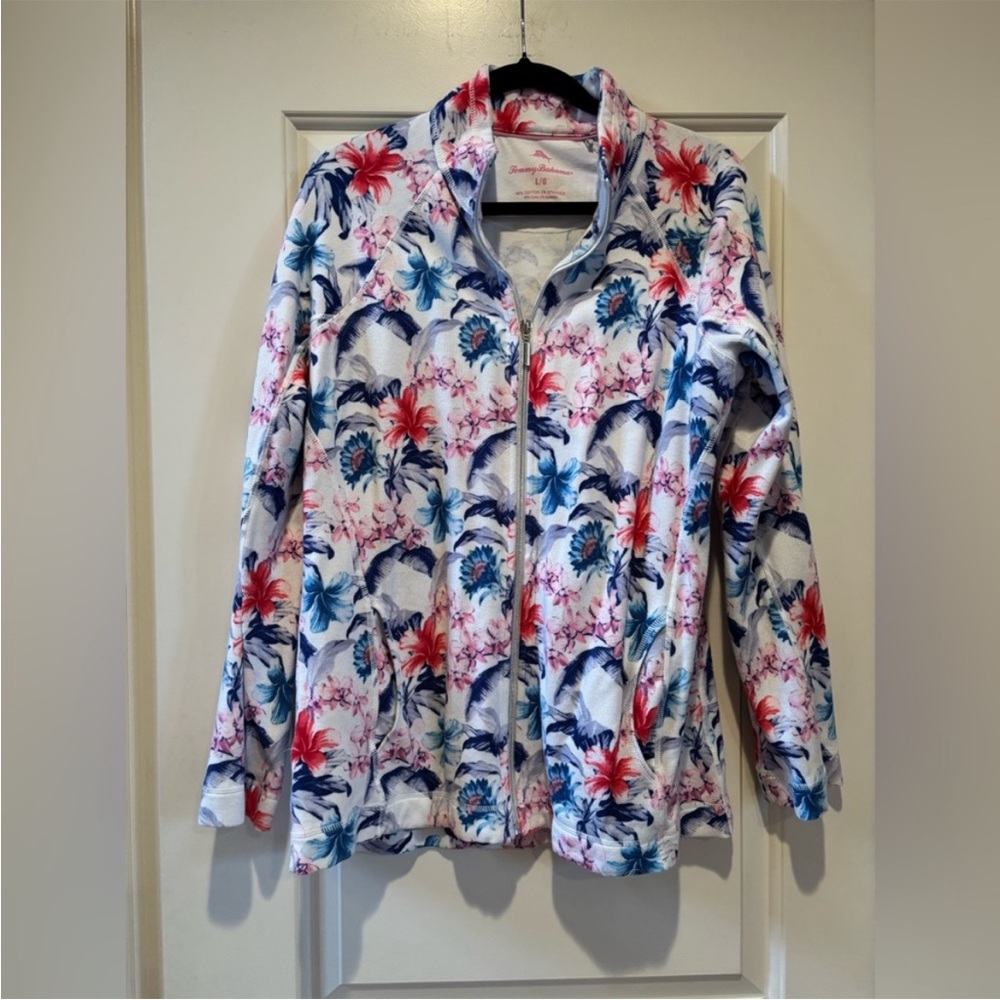 Tommy Bahama Floral Women's Jacket - Blue, Red, White zip up size Large